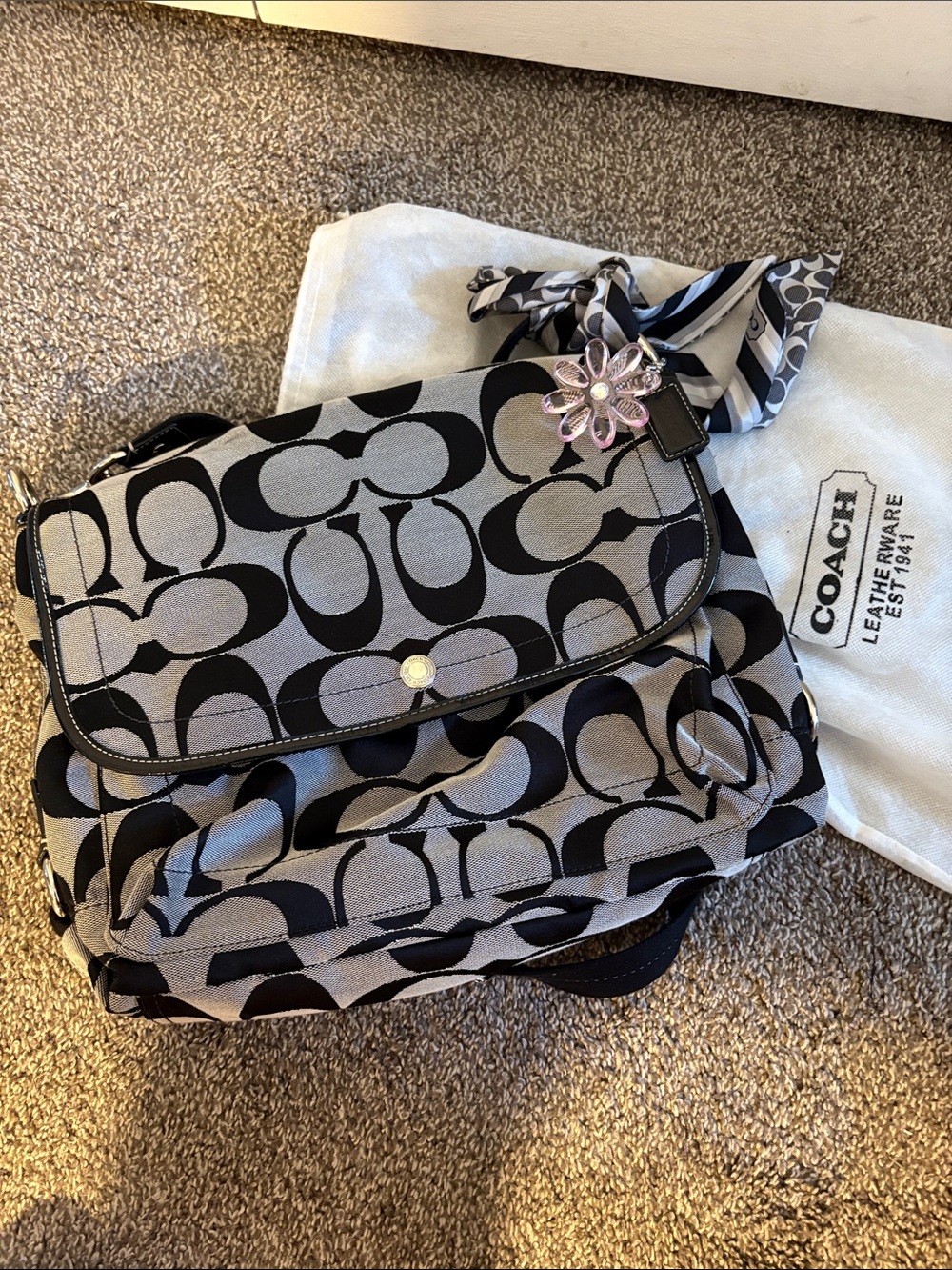 Coach Black & Gray Signature Canvas Flap Shoulder Bag with Scarf Accent